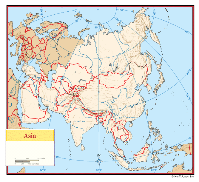 Asia Outline Maps with Boundaries