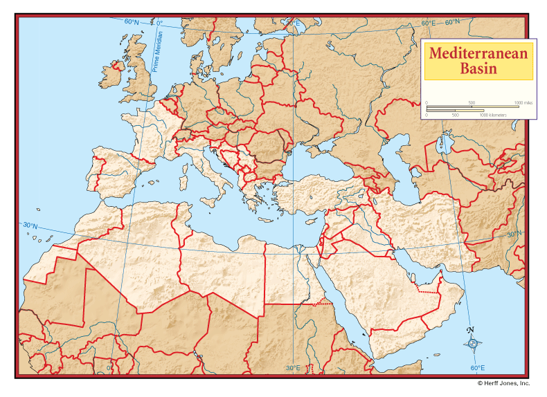 Mediterranean Basin Outline Maps with Boundaries