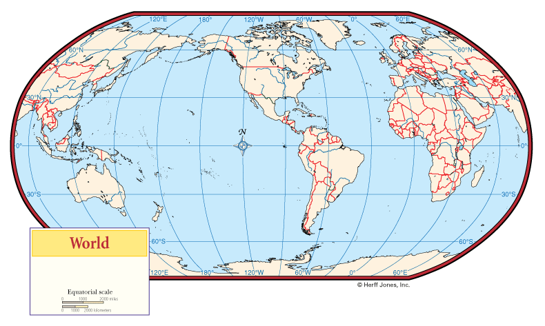 World Atlantic centered Outline Maps with Boundaries