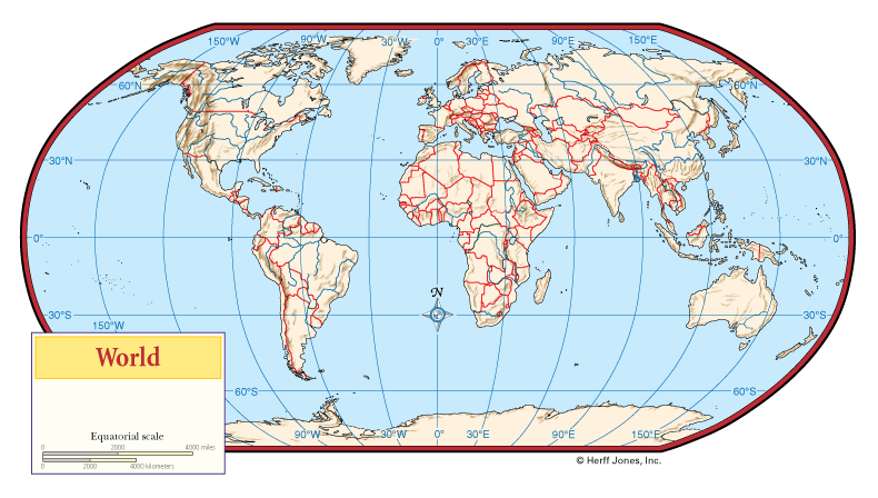 World Centered Outline Maps with Boundaries