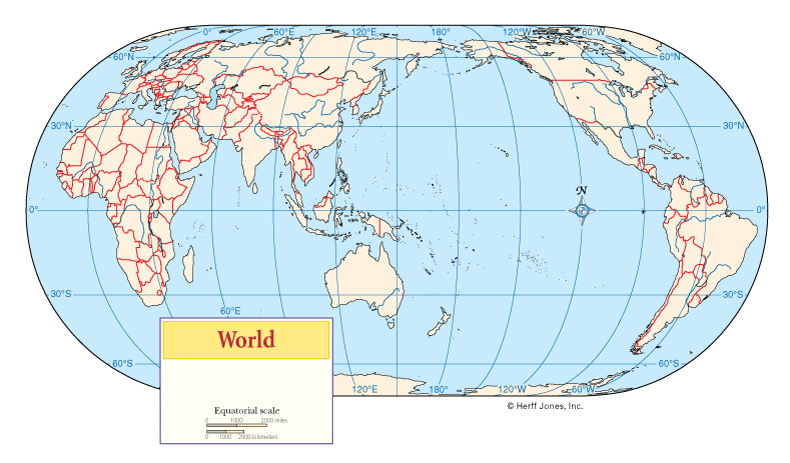 World Pacific Centered Outline Maps with Boundaries